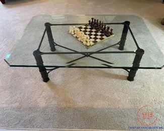 Glass Topped Coffee Table with Wrought Iron Base - Beveled Edge