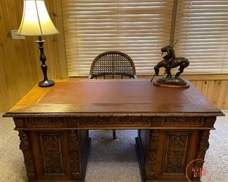 Antique Hand Carved Desk with Leather Inlay