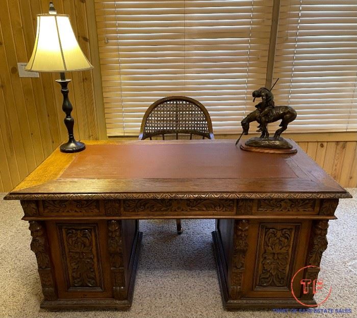 Antique Hand Carved Desk with Leather Inlay