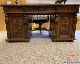 Antique Hand Carved Desk with Leather Inlay