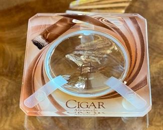 Etched Glass Cigar Aficionado Ashtray 1.5x8x8in HxWxD