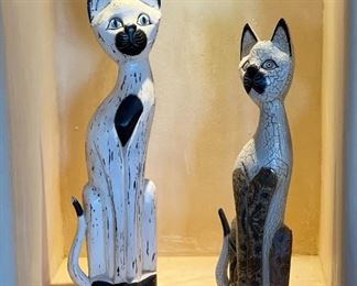 2pc Weathered Wood Whimsical Cat Statues PAIR	Tall One: 27.5x8x3in	HxWxD
