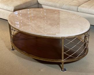 Robb & Stucky Athene Oval Cocktail Table Stone top decorative Metal Base 19x34x48in HxWxD