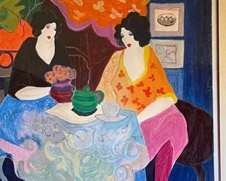 Huge Signed Litho Itzchak Tarkay Small Talk Textured Lithograph Serigraph Print Framed Painting w/ COA Frame: 44x72x2in Image: 29x58in HxWxD