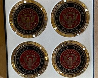 Set of 16 United States Senate Metal Coasters In original boxes 3in Diameter Box: 7.5x7.5in