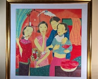 Lg Chinese Family Original Art Frame: 44 x 43.5 x 1.5in Image: 33.5 x 33in HxWxD