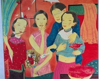 Lg Chinese Family Original Art Frame: 44 x 43.5 x 1.5in Image: 33.5 x 33in HxWxD
