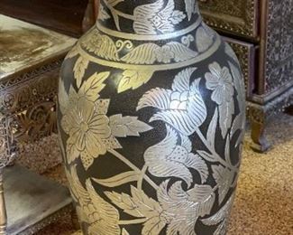 Large Ceramic Black & Silver Floral Vase 35.5 x 11.5 top lip