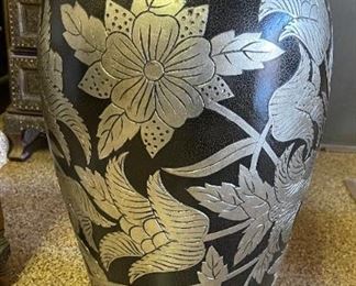 Large Ceramic Black & Silver Floral Vase 35.5 x 11.5 top lip
