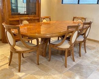 Giorgio Collection Italian Contemporary Race Track Dining Table w/ 6 chairs set High Gloss Burl Wood	Table: 96 inches long 52 inches wide 30 inches tall chairs: 36 inches high 21.5 inches wide seating height 19.5	
