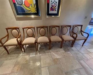 Giorgio Collection Italian Contemporary Race Track Dining Table w/ 6 chairs set High Gloss Burl Wood Table: 96 inches long 52 inches wide 30 inches tall chairs: 36 inches high 21.5 inches wide seating height 19.5