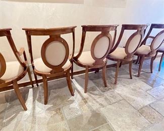Giorgio Collection Italian Contemporary Race Track Dining Table w/ 6 chairs set High Gloss Burl Wood Table: 96 inches long 52 inches wide 30 inches tall chairs: 36 inches high 21.5 inches wide seating height 19.5
