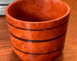 Triple Banded Figured Burl Wood Artist Made Hand Turned  Wood Bowl Vase	3in h  x 3.75in Diameter	
