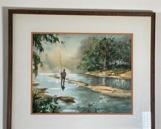 Original Art Jack Rickard Fly Fisherman Watercolor Painting	Frame: 21.75 x 25 Image: 13.5 x 17.5	HxWxD
