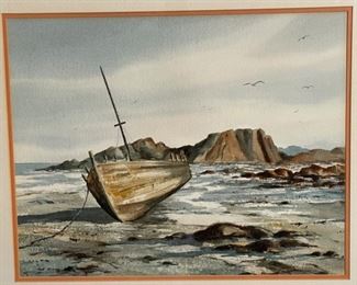 Original Art Jack Rickard Beached Boat Watercolor	Frame: 21.75 x 25 Image: 13.5 x 17.5	HxWxD
