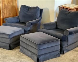 2pc Vintage Blue Chairs w Ottomans	30x32x34in	HxWxD
