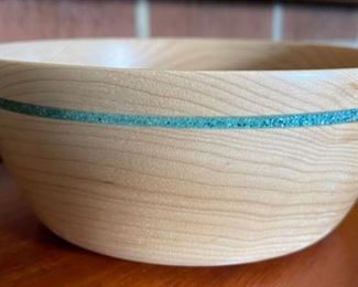 Turquoise Band Natural Maple Wood Bowl Artist Made Hand Turned  Art	3in h  x 7 in diameter	
