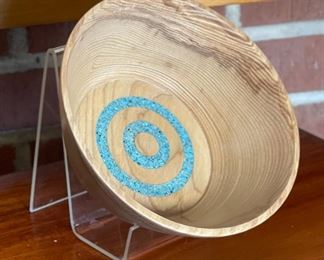 Turquoise Double Circle Natural Maple Wood Bowl Artist Made Hand Turned  Art	3in H  x 7in diameter	
