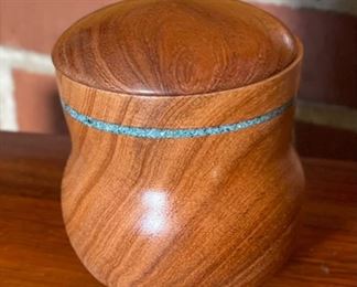 Rosewood Turquoise Banded  Lidded Jar Wood Artist Made Hand Turned  Art	5in H x 4in diameter	
