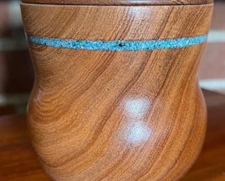 Rosewood Turquoise Banded  Lidded Jar Wood Artist Made Hand Turned  Art	5in H x 4in diameter	
