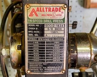 AllTrade 13in 16-Speed  Drill Press 1970-D-1634	64x11x18	HxWxD
