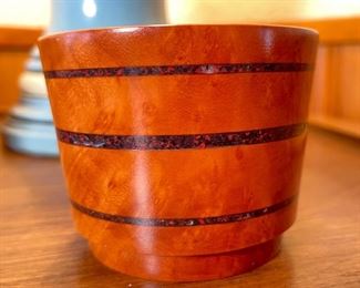 Triple Banded Figured Burl Wood Artist Made Hand Turned  Wood Bowl Vase	3in h  x 3.75in Diameter
