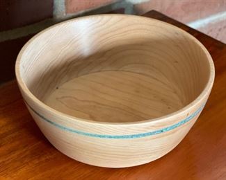 Turquoise Band Natural Maple Wood Bowl Artist Made Hand Turned  Art	3in h  x 7 in diameter	
