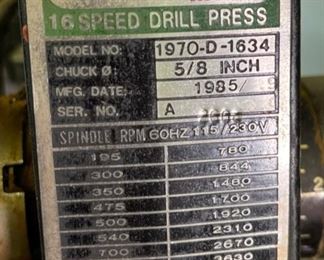 AllTrade 13in 16-Speed  Drill Press 1970-D-1634	64x11x18	HxWxD
