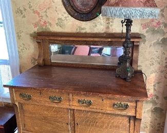 Antique Oak  Commode / Dresser with beveled mirror brass hardware ~ Wonderful potential for a sideboard