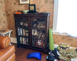 Mahogany  Bookcase with Leaded Glass Sliding Doors