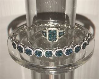 Blue Diamond & White Gold Bracelet & Ring ( size 8 )
