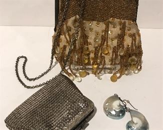 Vintage evening bag, coin purse , earrings