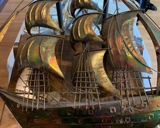 1970s brass wall sculpture of a ship, C. Jere style