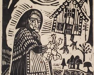 Woodblock print "Baba Yaga" by Martha Malicoat Dunigan...