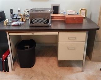Metal desk and assorted office items, filing cabinets
