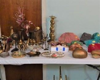 Assorted brass pieces and colored glass rocks