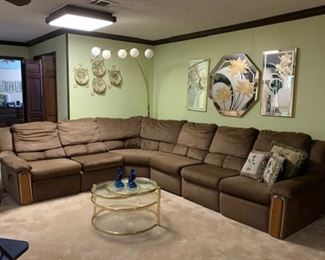 6-Piece sectional with recliners on both ends - Tri-fold brass and glass coffee table, 3-Piece mirror set
