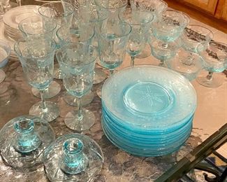 Turquoise vintage glasses, plates, candlestick holders