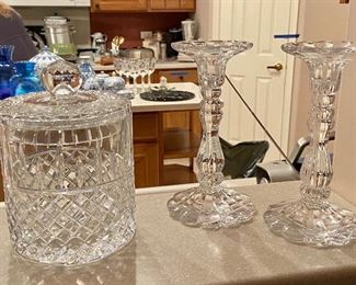 Lead Crystal Biscuit Cookie Jar and Candlesticks