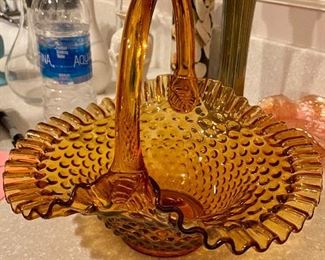 Amber Fenton glass, hobnail basket