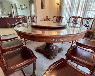 60 in Rosewood Mother Pearl Inlay Round Table with 10 Chairs ( A removable 32” Dia. Lazy Suzan situated)