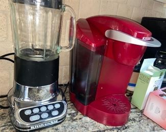 KitchenAid blender 
red Keurig Coffee machine 