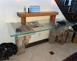 entry way wall Table with glass top and ornate wooden support