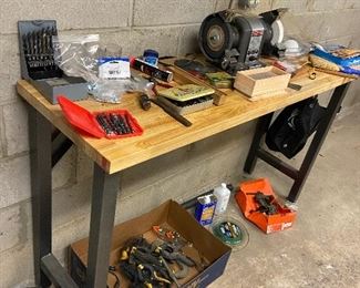 Bench Grinder and wooden topped workbench