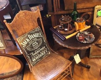 Everything in picture is for sale, (Item #8) walnut side table is $700, (Item # 9)$300 for pipe caddy and all pipes. (Item#10)Jack Daniel's sign $40, (Item#11) Thonet Bentwood style rocking chair $600.