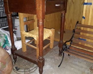 Antique side table, child's chair, child's bench