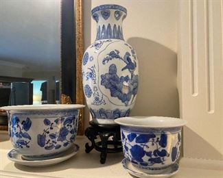 Collection of blue and white planters, bowls, vases, temple jars, etc!