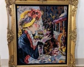 Ornately Framed Needlepoint Tapestry in a beautiful elaborate frame. Measures 26” x 30”.