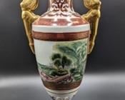 Large Painted Chinese Handled Vase. Beautiful and intricate details! Measures 18” high and 5” in diameter at the top.