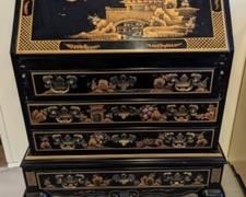 Vintage Maddox Chinoiserie Secretary. There is some light scratches/wear but in overall great condition. Includes the pictured office/desk accessories inside. Measures 24” wide, 15” deep and 40” high.